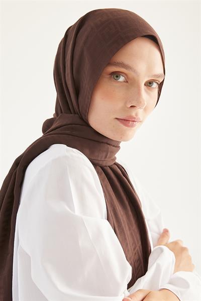 Elle F Desen Jakarlı Pamuklu Şal - Acı Kahve