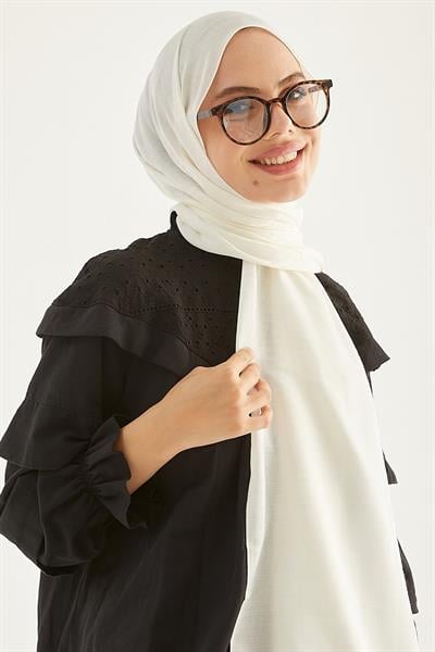 Elle F Desen Jakarlı Pamuklu Şal - Beyaz