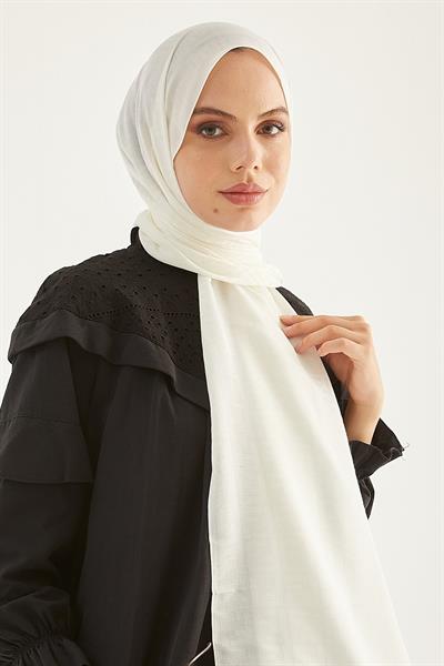 Elle F Desen Jakarlı Pamuklu Şal - Beyaz