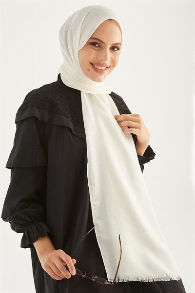 Elle F Desen Jakarlı Pamuklu Şal - Beyaz