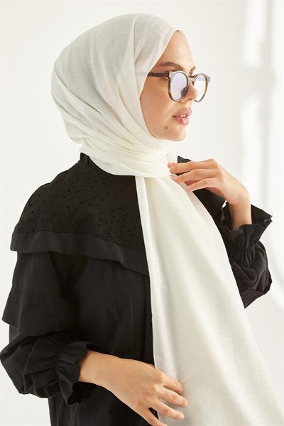 Elle F Desen Jakarlı Pamuklu Şal - Beyaz