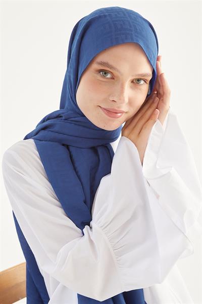 Elle F Desen Jakarlı Pamuklu Şal - İndigo