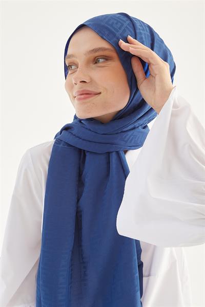 Elle F Desen Jakarlı Pamuklu Şal - İndigo