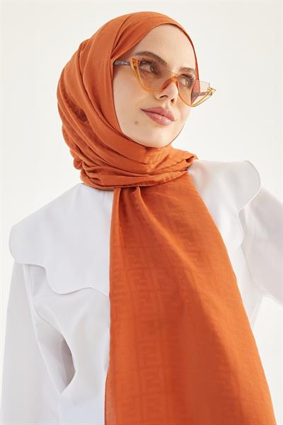 Elle F Desen Jakarlı Pamuklu Şal - Kiremit