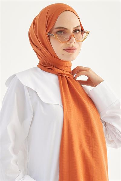 Elle F Desen Jakarlı Pamuklu Şal - Kiremit