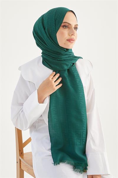 Elle F Desen Jakarlı Pamuklu Şal - Petrol Yeşili