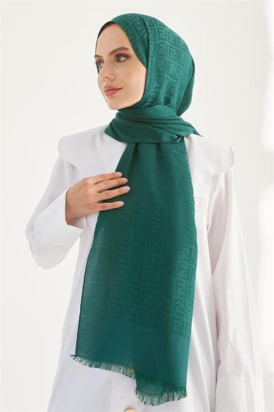 Elle F Desen Jakarlı Pamuklu Şal - Petrol Yeşili