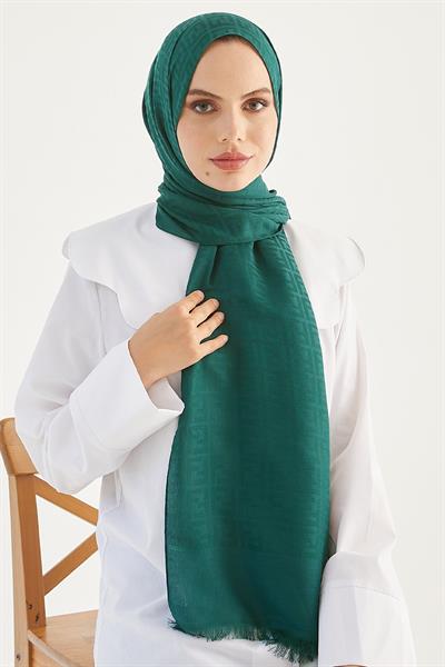 Elle F Desen Jakarlı Pamuklu Şal - Petrol Yeşili