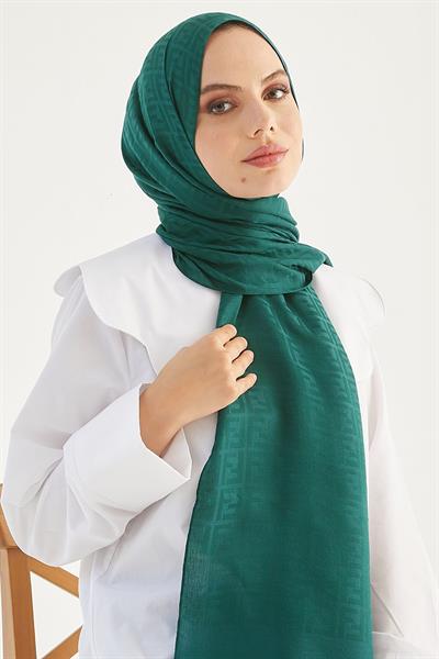 Elle F Desen Jakarlı Pamuklu Şal - Petrol Yeşili