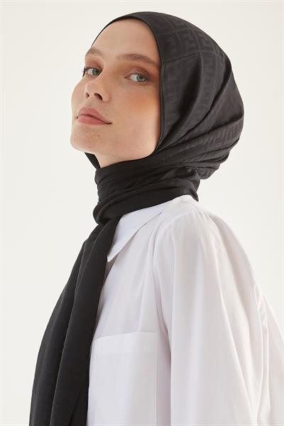 Elle F Desen Jakarlı Pamuklu Şal - Siyah