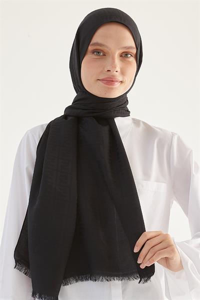 Elle F Desen Jakarlı Pamuklu Şal - Siyah