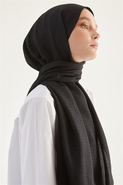 Elle F Desen Jakarlı Pamuklu Şal - Siyah