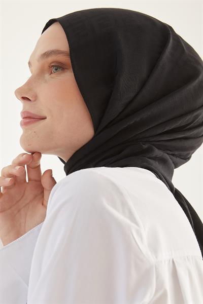 Elle F Desen Jakarlı Pamuklu Şal - Siyah