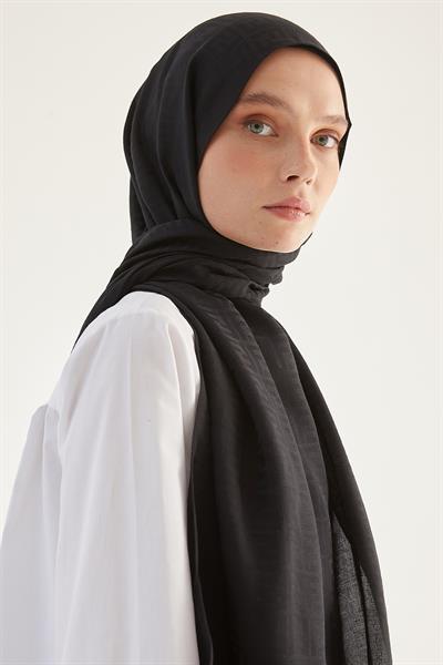 Elle F Desen Jakarlı Pamuklu Şal - Siyah