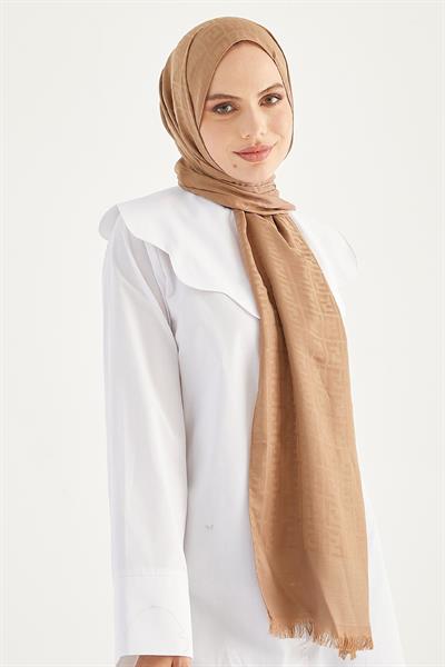 Elle F Desen Jakarlı Pamuklu Şal  - Sütlü Kahve