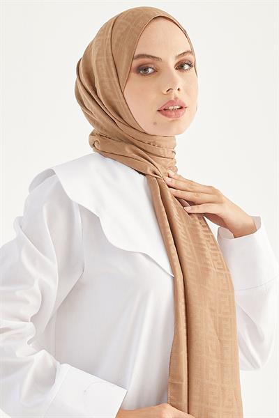 Elle F Desen Jakarlı Pamuklu Şal  - Sütlü Kahve