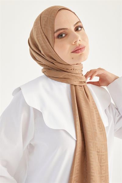 Elle F Desen Jakarlı Pamuklu Şal  - Sütlü Kahve