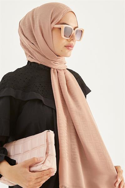 Elle F Desen Jakarlı Pamuklu Şal - Yavruağzı