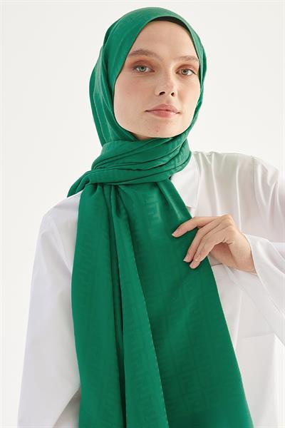 Elle F Desen Jakarlı Pamuklu Şal  - Zümrüt Yeşili