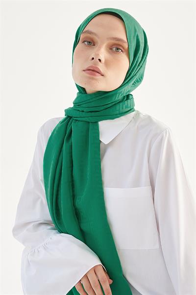 Elle F Desen Jakarlı Pamuklu Şal  - Zümrüt Yeşili