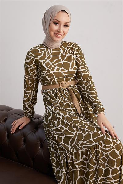 Else Taş Desenli Hasır Kemerli Haki Elbise