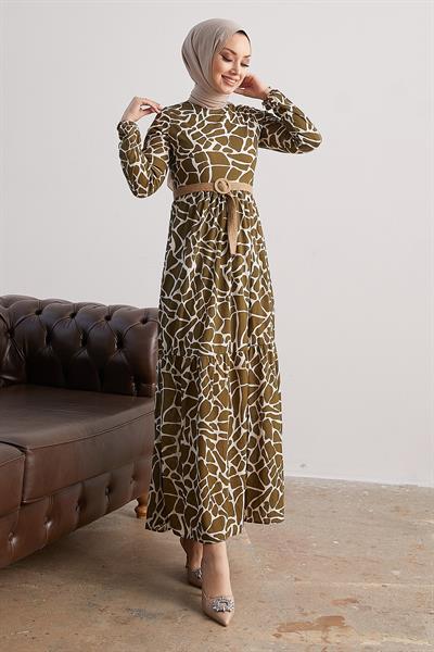 Else Taş Desenli Hasır Kemerli Haki Elbise
