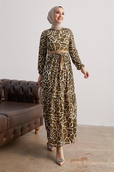 Else Taş Desenli Hasır Kemerli Haki Elbise