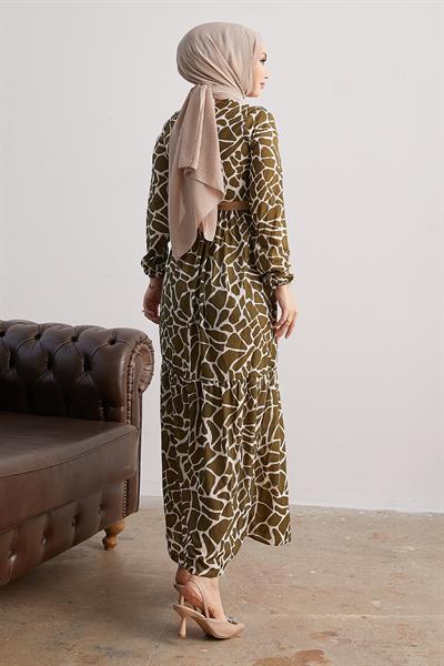 Else Taş Desenli Hasır Kemerli Haki Elbise