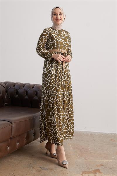 Else Taş Desenli Hasır Kemerli Haki Elbise