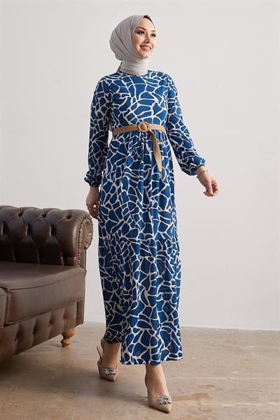 Else Stone Patterned Straw Belted Indigo Dress