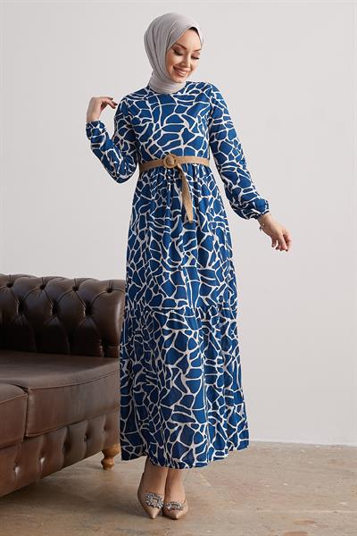Else Stone Patterned Straw Belted Indigo Dress
