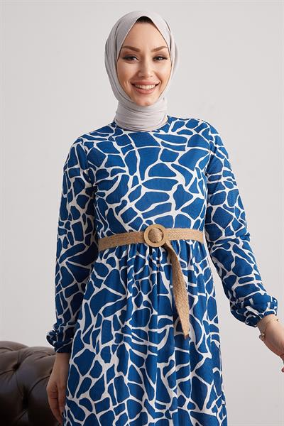 Else Stone Patterned Straw Belted Indigo Dress