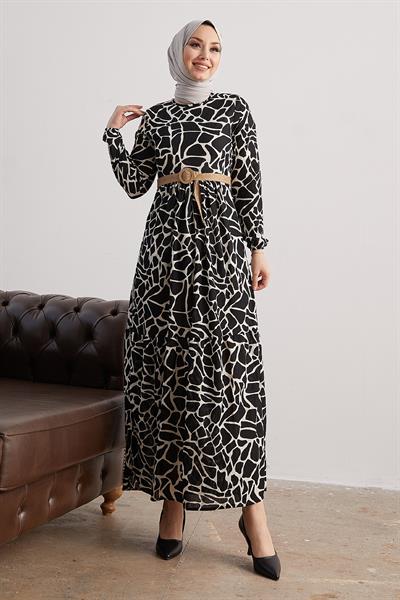 Else Taş Desenli Hasır Kemerli Siyah Elbise