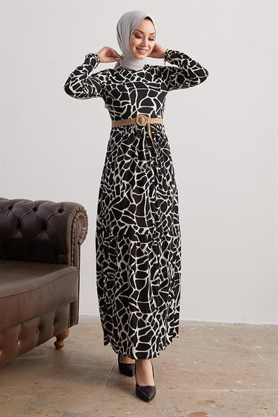 Else Taş Desenli Hasır Kemerli Siyah Elbise