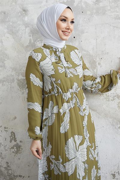 Elya Çiçek Yakası Kuşaklı Haki Şifon Elbise