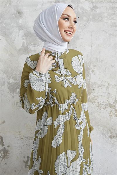 Elya Çiçek Yakası Kuşaklı Haki Şifon Elbise