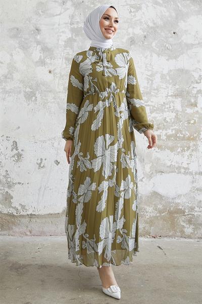 Elya Çiçek Yakası Kuşaklı Haki Şifon Elbise