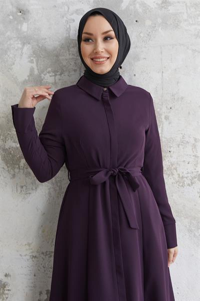 Emery Kuşaklı Gömlek Yaka Mürdüm Ferace