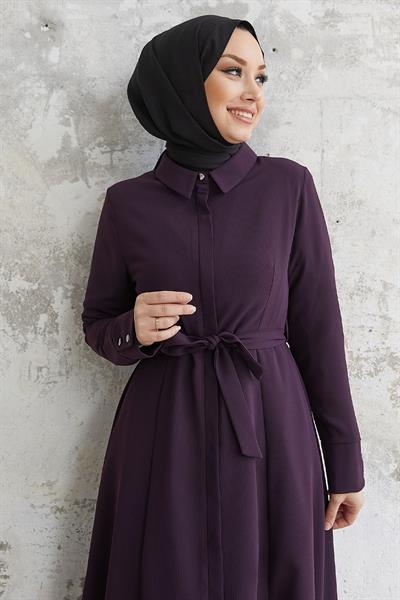 Emery Kuşaklı Gömlek Yaka Mürdüm Ferace