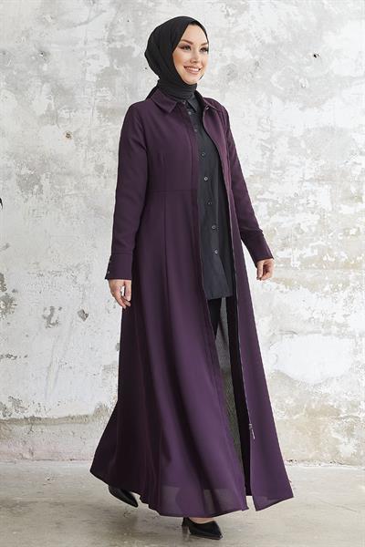 Emery Kuşaklı Gömlek Yaka Mürdüm Ferace