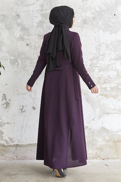 Emery Kuşaklı Gömlek Yaka Mürdüm Ferace