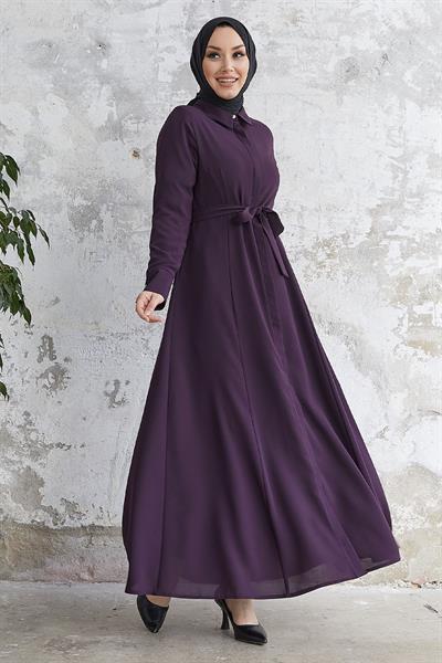 Emery Kuşaklı Gömlek Yaka Mürdüm Ferace