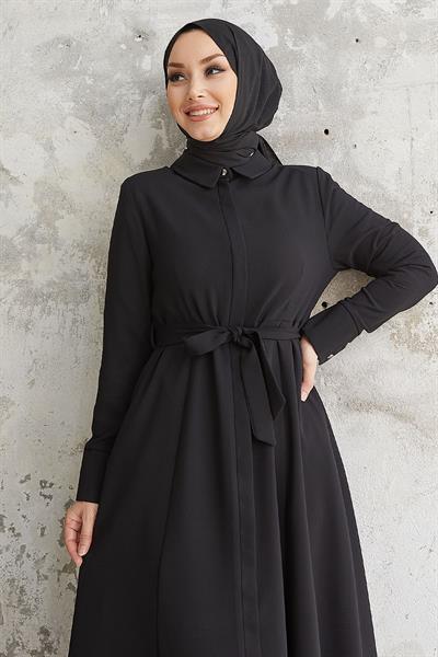 Emery Kuşaklı Gömlek Yaka Siyah Ferace