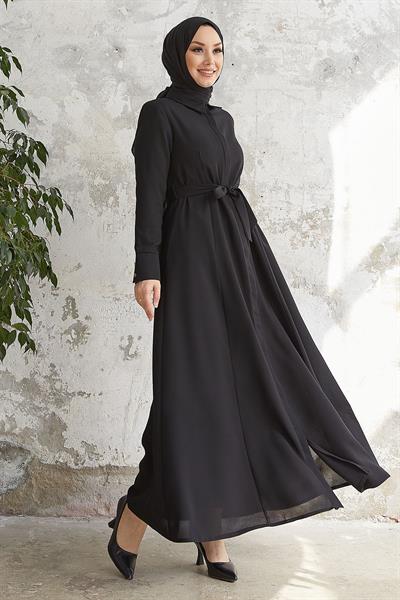 Emery Kuşaklı Gömlek Yaka Siyah Ferace