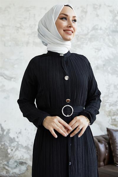 Emilya Gizli Patlı Düğme Detay Elbise - Siyah