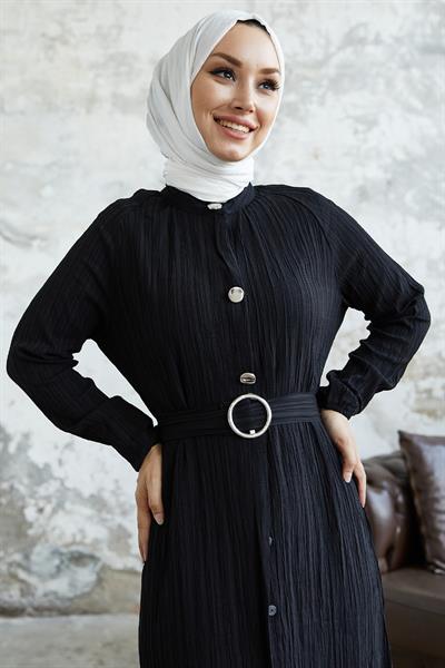 Emilya Gizli Patlı Düğme Detay Elbise - Siyah