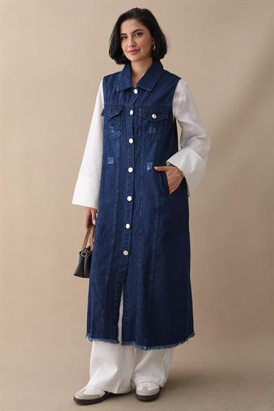 Eskitme Detay Koyu Mavi Kot Yelek