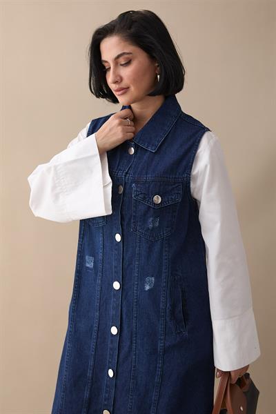 Eskitme Detay Koyu Mavi Kot Yelek