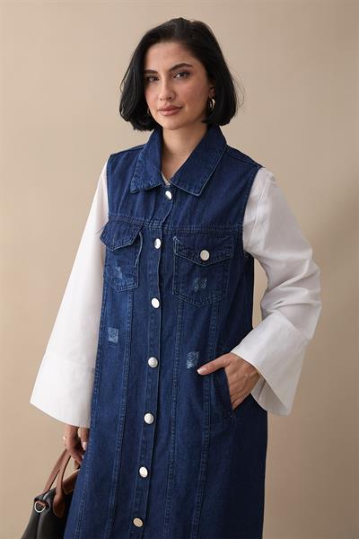 Eskitme Detay Koyu Mavi Kot Yelek