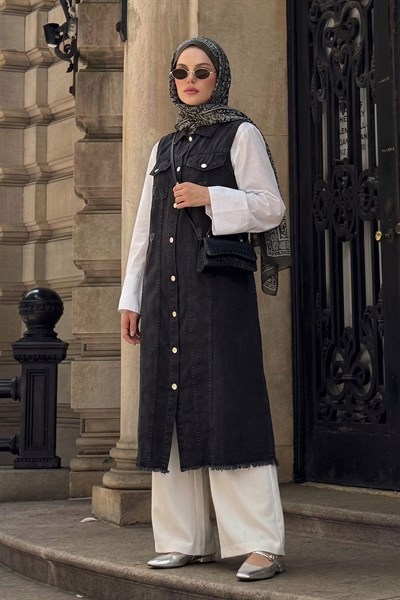 Eskitme Detay Siyah Kot Yelek